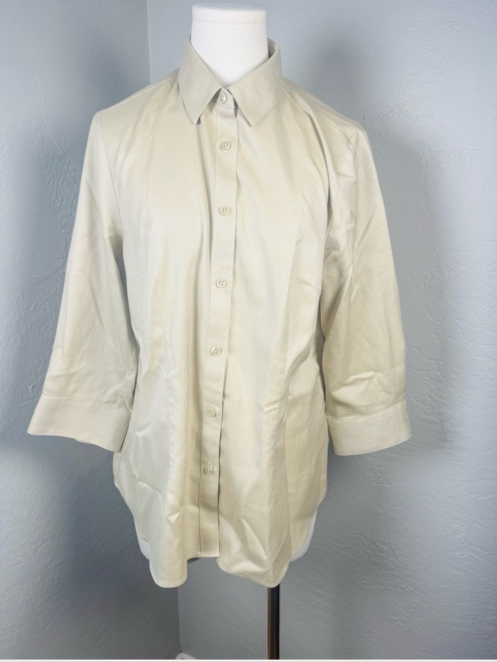 Coldwater Creek Minimalist Tan Cotton Button Front 3/4 Sleeve Shirt Size M